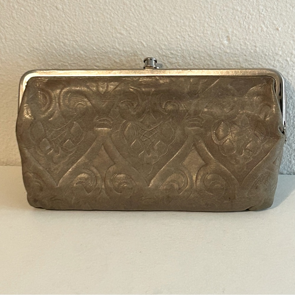 HOBO grey tan embossed genuine tooled leather folding clutch wallet neutral